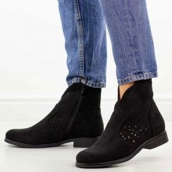 Czarne zamszowe ażurowe botki damskie S.Barski 8026. Czarne botki damskie S.BARSKI, na jesień, z jeansu, eleganckie, z okrągłym noskiem, bez obcasa, na płaskiej podeszwie, bez zapięcia. Za 229.00 zł.