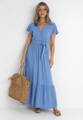 Niebieska Sukienka Diomeira. Niebieskie sukienki damskie Born2be, l, bez wzorów, z tkaniny, eleganckie, bez kołnierzyka, bez ramiączek, maxi, kopertowe. Za 79.99 zł.