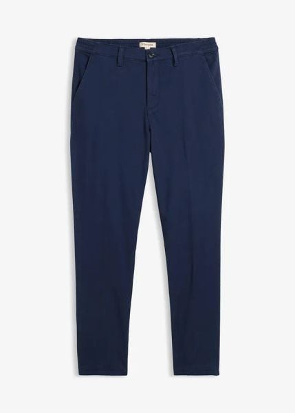 Spodnie chinosy regular fit z ciepłą podszewką flanelową, tapered. Niebieskie spodnie materiałowe męskie bonprix, bez wzorów. Za 189.99 zł.