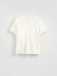 T-shirt regular z bawełny merceryzowanej - złamana biel. T-shirty męskie Reserved, l, bez wzorów, z bawełny, bez kołnierzyka. Za 99.99 zł.