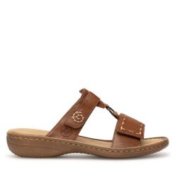 Klapki Rieker. Brązowe klapki damskie Rieker, bez wzorów, bez obcasa. Za 239.99 zł.