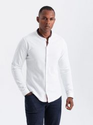 Męska koszula bawełniana SLIM FIT ze stójką w kolorowe paski – biała V1. Białe koszule męskie Ombre Clothing, m, bez wzorów, z bawełny, bez kołnierzyka, bez ramiączek. W wyprzedaży za 109.99 zł.