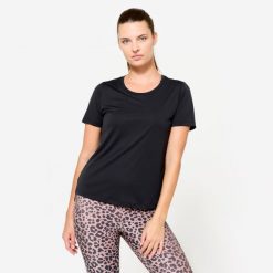 Koszulka fitness damska Domyos krótki rękaw. Niebieskie bluzki sportowe damskie DOMYOS, l, bez wzorów, z elastanu, bez ramiączek. Za 39.99 zł.