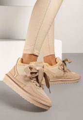 Ciemnobeżowe Zimowe Sneakersy Vices Stylizowane na Śniegowce z Futerkiem Tennira. Brązowe śniegowce damskie Renee, z jeansu. Za 99.99 zł.