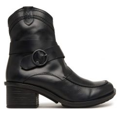Botki Fly London. Czarne botki damskie Fly London, bez obcasa, na słupku, bez zapięcia. Za 839.99 zł.