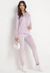 Jasnofioletowy Komplet Dresowy z Weluru Bluza z Kapturem i Spodnie z Gumką w Pasie Avinlia. Fioletowe bluzy z kapturem damskie Born2be, bez wzorów, z dresówki. Za 79.99 zł.