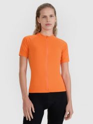 4F Koszulka rowerowa szybkoschnąca damska - pomarańczowa M. Brązowe bluzki sportowe damskie 4f, l, bez wzorów, z materiału, bez ramiączek. W wyprzedaży za 119.99 zł.