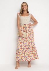 Żółto-Czerwona Rozkloszowana Sukienka Maxi z Wiskozy w Kwiatowy Print Jamiliana. Żółte sukienki damskie Born2be, m, bez wzorów, z wiskozy, bez kołnierzyka, bez ramiączek, maxi, rozkloszowane. Za 54.99 zł.