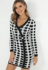 Jasnoszara Sukienka Dzianinowa w Geometryczny Wzór z Metaliczną Nicią Frano. Szare sukienki damskie Born2be, l, z aplikacjami, z dzianiny, bez kołnierzyka, bez ramiączek, mini, dopasowane. Za 39.99 zł.