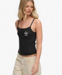 Superdry – Damski top na ramiączkach z haftem, slim fit. Szare topy sportowe damskie Superdry., uniwersalny, bez wzorów, z bawełny, bez ramiączek. Za 139.45 zł.