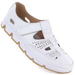 Skórzane półbuty damskie ażurowe na rzep białe T.Sokolski W26-86. Białe półbuty damskie T.Sokolski, w ażurowe wzory, ze skóry, bez obcasa. Za 169.99 zł.