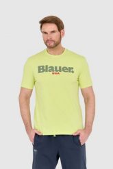 BLAUER Zielony męski t-shirt z dużym logo. Zielone t-shirty męskie Blauer USA, l, bez wzorów, bez kołnierzyka. W wyprzedaży za 129.99 zł.