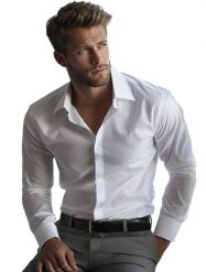 Biała koszula męska z długim rękawem Mmer 001. Białe koszule męskie Mmer / Villaro - Koszule męskie, m, bez wzorów, z bawełny, bez kołnierzyka, bez ramiączek. W wyprzedaży za 144.00 zł.