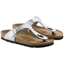 Damskie Skórzane Klapki Gizeh. Szare klapki damskie Birkenstock, bez wzorów, z materiału, bez obcasa, na słupku. Za 289.00 zł.