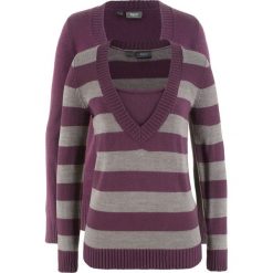 Sweter (2 szt. w opak.) bonprix czarny bez w paski + czarny bez. Fioletowe swetry klasyczne damskie bonprix, bez kołnierzyka. Za 49.98 zł.
