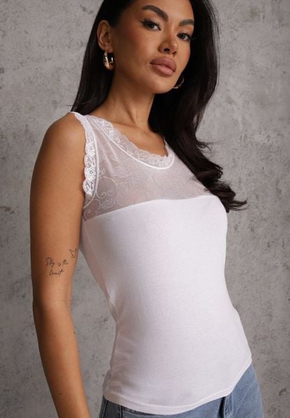 Biały Top z Bawełny Ozdobiony u Góry Koronką Berice. Białe topy damskie Renee, s, bez wzorów, z bawełny, bez kołnierzyka. Za 19.99 zł.