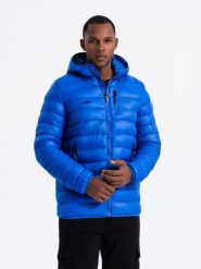 Kurtka męska pikowana z kapturem - niebieska V1. Niebieskie kurtki męskie Ombre Clothing, m, bez wzorów, z nylonu, z kapturem. W wyprzedaży za 119.99 zł.