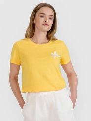 4F T-shirt regular z nadrukiem damski - żółty L. Żółte t-shirty damskie 4f, l, z aplikacjami, z bawełny, bez kołnierzyka. W wyprzedaży za 39.99 zł.