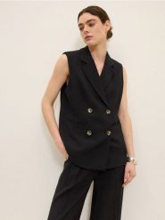 Długa dwurzędowa kamizelka - czarny. Czarne kamizelki damskie Reserved, l, z wiskozy, długie. W wyprzedaży za 99.99 zł.