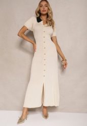 Jasnobeżowa Wiskozowa Sukienka Rozkloszowana Retro z Guzikami i Kołnierzem Ardival. Brązowe sukienki damskie Renee, na co dzień, z aplikacjami, z materiału, eleganckie, bez kołnierzyka, bez ramiączek, maxi, proste. W wyprzedaży za 159.99 zł.