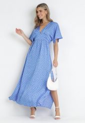 Niebieska Sukienka Maxi w Kropki z Gumką w Pasie i Rozcięciami Crasses. Niebieskie sukienki damskie Born2be, na lato, l, bez wzorów, bez kołnierzyka, bez ramiączek, maxi, rozkloszowane. W wyprzedaży za 143.99 zł.