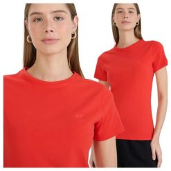 T-shirt slim gładki damski 4F 4FWMM00TTSHF2255. Czerwone t-shirty damskie 4f, xl, bez wzorów, z bawełny, bez kołnierzyka. Za 39.99 zł.