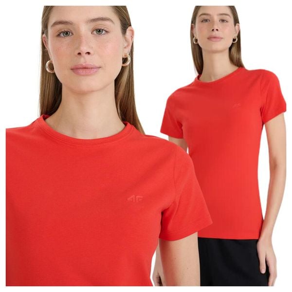 T-shirt slim gładki damski 4F 4FWMM00TTSHF2255. Czerwone t-shirty damskie 4f, xl, bez wzorów, z bawełny, bez kołnierzyka. Za 34.99 zł.