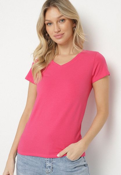 Różowy T-shirt Bawełniany z Trójkątnym Dekoltem Tolilara. Czerwone t-shirty damskie Born2be, m, bez wzorów, z bawełny, bez kołnierzyka. Za 29.99 zł.