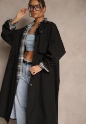 Czarny Płaszcz w Stylu Trencza Vintage z Asymetryczną Zakładką i Paskiem Davivellea. Czarne płaszcze damskie Renee, m, bez wzorów, z jeansu, eleganckie. Za 169.99 zł.
