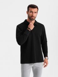 Bluza męska z kołnierzykiem polo ze strukturalnej dzianiny - czarna V8 OM-SSNZ-0149 - XL. Czarne bluzy bez kaptura męskie Ombre Clothing, l, z bawełny. W wyprzedaży za 59.99 zł.