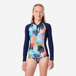 Top UV surfingowy dla dzieci Decathlon 500 Palmy długi rękaw. Niebieskie koszulki dziewczęce Decathlon, m, bez wzorów, z materiału, bez ramiączek. Za 69.99 zł.