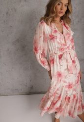 Różowa Eteryczna Sukienka Zdobiona Falbankami i Wiązanym Paskiem Rhelaith. Czerwone sukienki damskie Renee, na imprezę, l, z aplikacjami, z poliesteru, boho, bez kołnierzyka, bez ramiączek, maxi, rozkloszowane. Za 229.99 zł.