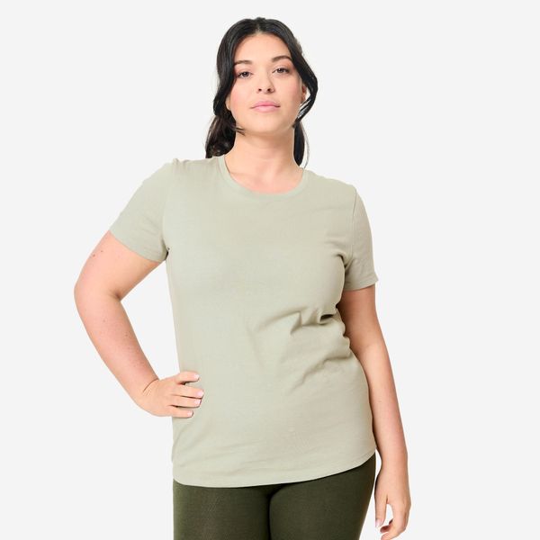 Koszulka z krótkim rękawem damska Domyos Gym & Pilates. Zielone bluzki damskie DOMYOS, l, bez wzorów, z bawełny, bez ramiączek. Za 39.99 zł.