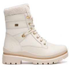 Trzewiki Remonte. Białe botki damskie Remonte, bez obcasa, na płaskiej podeszwie, bez zapięcia. Za 399.00 zł.