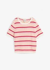 Koszulka dzianinowa w ażurowy wzór z mieszanki bawełny. Białe t-shirty damskie bonprix, w ażurowe wzory, z bawełny, bez kołnierzyka. Za 109.99 zł.
