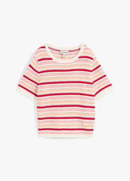 Koszulka dzianinowa w ażurowy wzór z mieszanki bawełny. Białe t-shirty damskie bonprix, w ażurowe wzory, z bawełny, bez kołnierzyka. Za 109.99 zł.