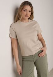 Beżowy Bawełniany T-shirt w Klasycznym Stylu Hetita. Brązowe t-shirty damskie Born2be, m, bez wzorów, z bawełny, bez kołnierzyka. Za 69.99 zł.