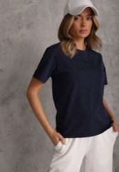 Granatowy Bawełniany T-shirt Ozdobiony po Bokach Rozcięciami Brinelle. Niebieskie t-shirty damskie Renee, m, bez wzorów, z bawełny, bez kołnierzyka. Za 39.99 zł.