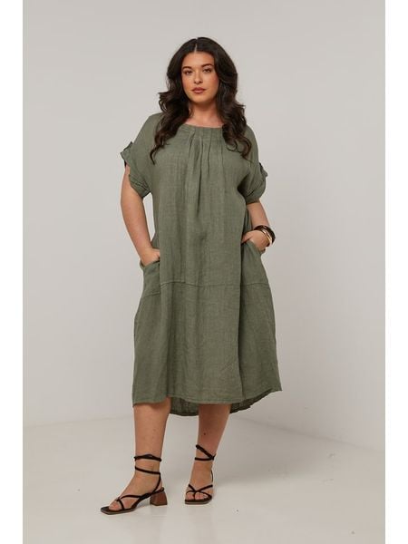 Curvy Lady Lniana sukienka w kolorze khaki rozmiar: 48/50. Brązowe sukienki damskie Curvy Lady, na co dzień, bez wzorów, ze lnu, klasyczne, bez kołnierzyka, bez ramiączek, midi, proste. Za 167.67 zł.