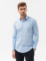 Koszula męska elegancka z długim rękawem - błękitna - Rozmiar: M. Niebieskie koszule męskie Ombre Clothing, m, bez wzorów, z bawełny, bez kołnierzyka, bez ramiączek. W wyprzedaży za 39.99 zł.