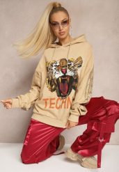 Beżowa Bluza z Bawełny z Kapturem Ozdobiona Cyrkoniami i Nadrukiem Eridale. Brązowe bluzy z kapturem damskie Renee, z bawełny. Za 59.99 zł.