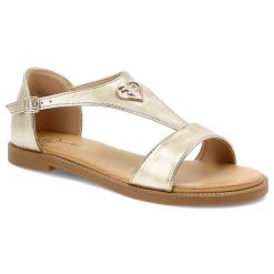 Sandały damskie Filippo, z eko skóry z ozdobą na płaskim obcasie eleganckie, złote, DS6914-25-GO. Żółte sandały damskie Filippo, z aplikacjami, ze skóry, bez obcasa, na płaskiej podeszwie. Za 99.99 zł.