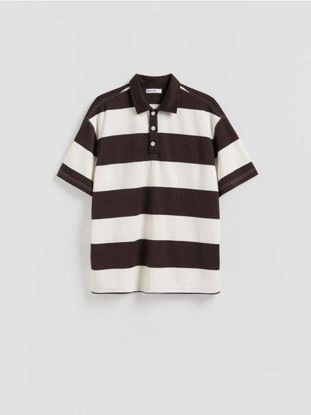 Koszulka polo boxy - ciemnobrązowy. Brązowe koszulki polo męskie Reserved, l, bez wzorów, z bawełny, bez ramiączek. Za 119.99 zł.