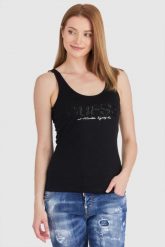 GUESS Czarny top damski z logo z koralików. Czarne topy damskie Guess, s, z aplikacjami, z bawełny, bez kołnierzyka. W wyprzedaży za 129.99 zł.