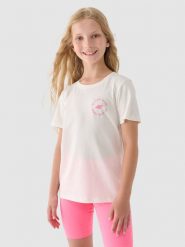 4F T-shirt z nadrukiem dziewczęcy - biały 140 (9-10 lat). Białe koszulki dziewczęce 4f, bez wzorów, z bawełny, bez ramiączek. W wyprzedaży za 19.99 zł.