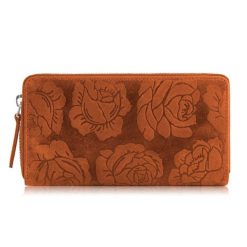 Portfel damski skórzany pomarańczowy w kwiaty RFID Paolo Peruzzi T-115-HOR. Brązowe portfele damskie Paolo Peruzzi, bez wzorów, ze skóry. Za 59.99 zł.