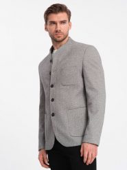 Stylowa marynarka męska bez klap - jasnoszara V1. Szare marynarki męskie Ombre Clothing, bez wzorów, z materiału. W wyprzedaży za 149.99 zł.