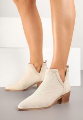 Beżowe Botki na Słupku Ozdobione Plecionką Farenia. Brązowe botki damskie Renee, z jeansu, eleganckie, bez obcasa, na obcasie, bez zapięcia. Za 139.99 zł.