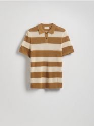 Ażurowy sweter polo - beżowy. Brązowe swetry męskie Reserved, l, w ażurowe wzory, z bawełny, bez kołnierzyka. Za 109.99 zł.