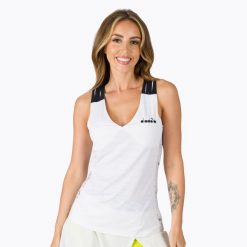 Koszulka tenisowa damska Diadora Clay. Białe bluzki sportowe damskie Diadora, m, z elastanu, bez kołnierzyka, bez ramiączek. Za 129.99 zł.